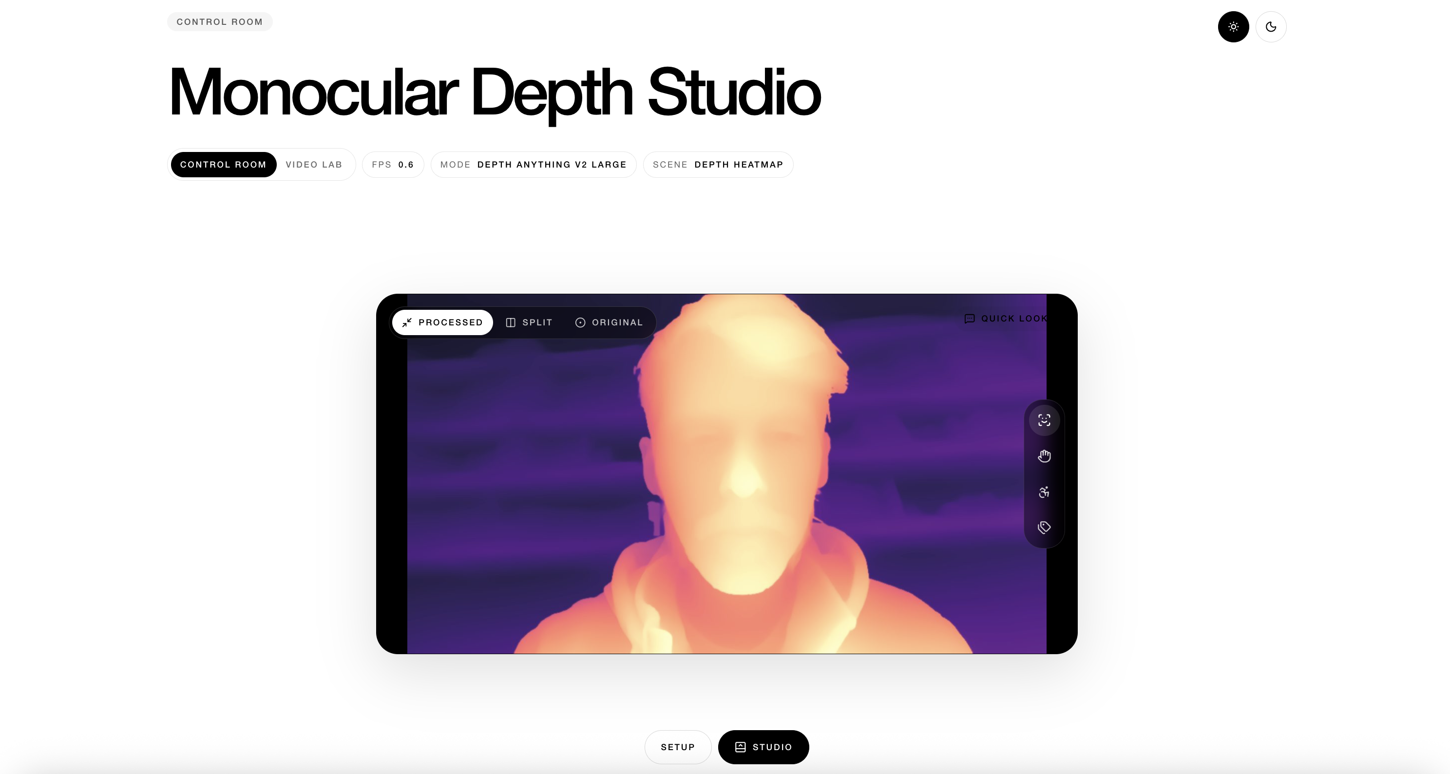 Monocular Depth Studio showing a processed depth rendering over live camera input.