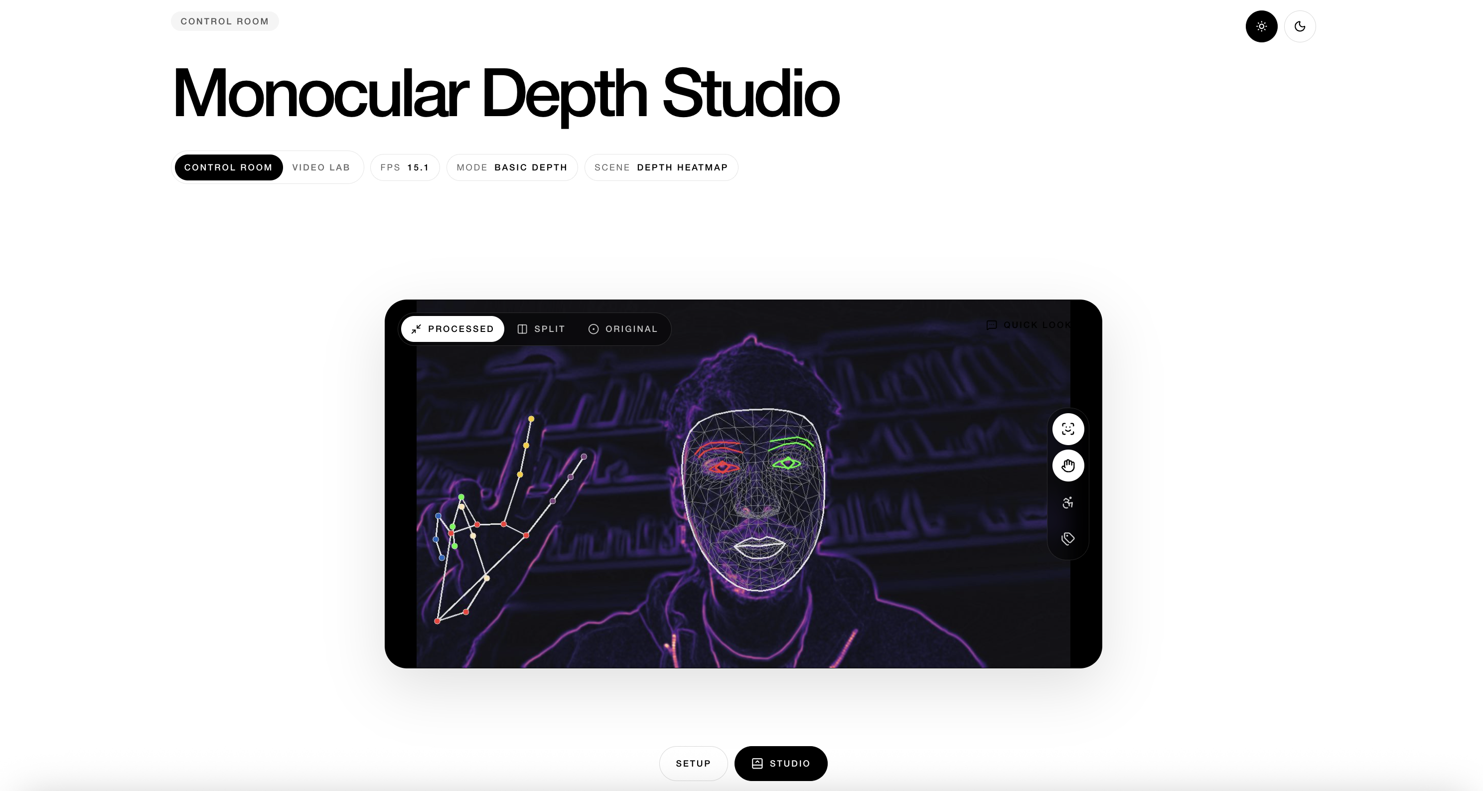 Monocular Depth Studio combining face mesh and hand tracking over a processed scene.
