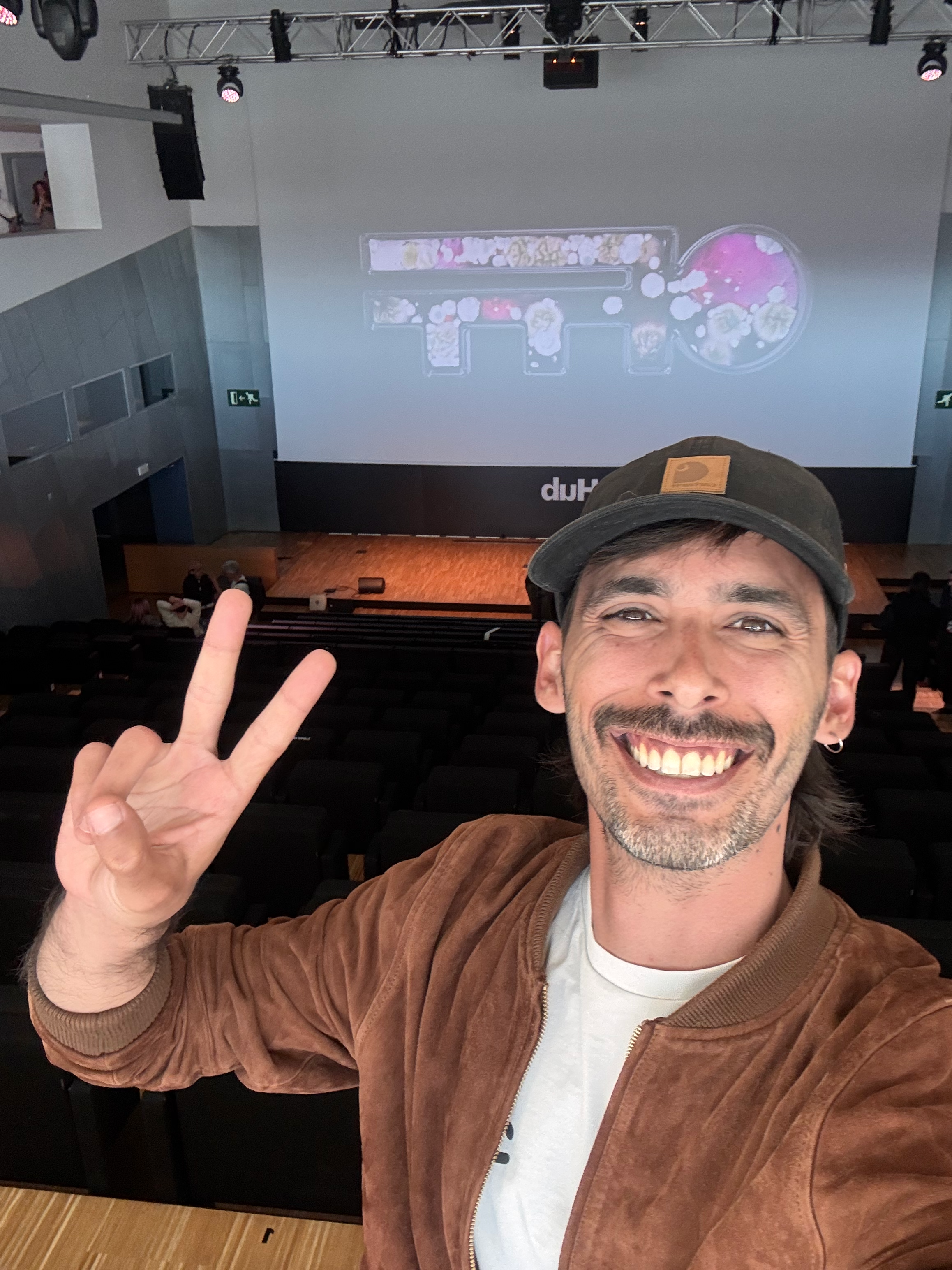 Photo from OFFF Barcelona 2026 showing the Vue project presentation.